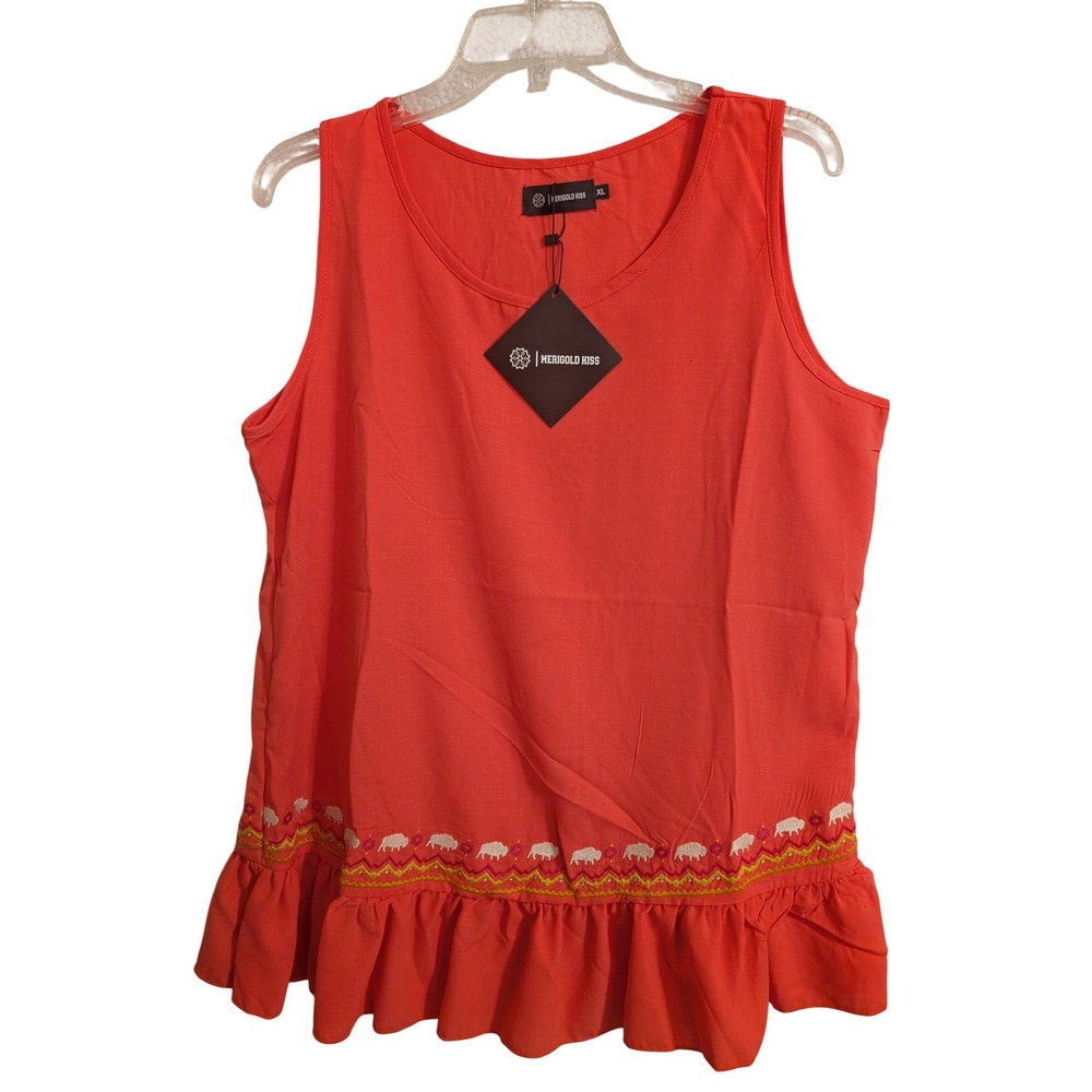 Merigold Kiss Sleeveless Top Women XL Orange New Embroidered Buffalo Peplum Boho